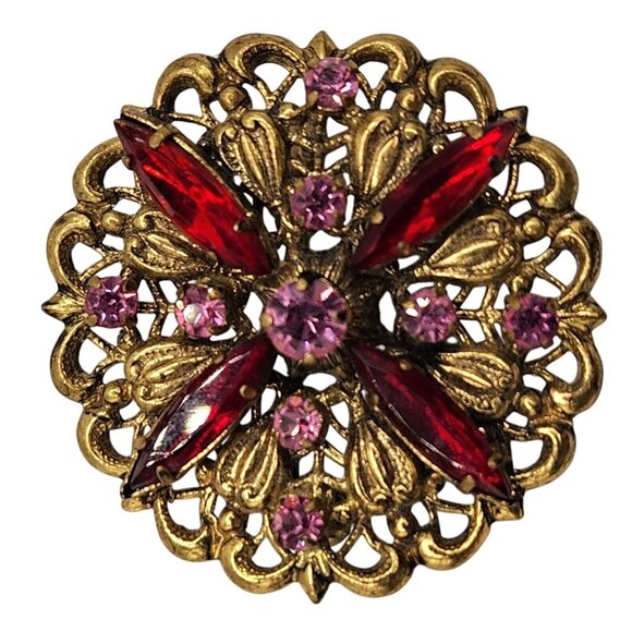 Vintage Austrian Filigree Brooch with Pink & Red Rhinestones, Signed Made in Aus - Picture 5 of 13